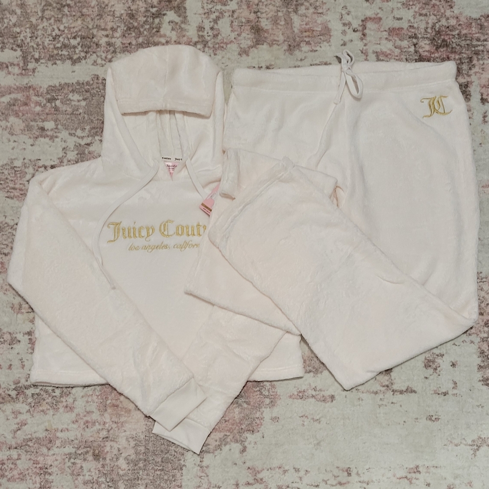 🤍Juicy Couture Pastel Parchment Luxe Plush Hoodie Sleepwear PJ Set - XL